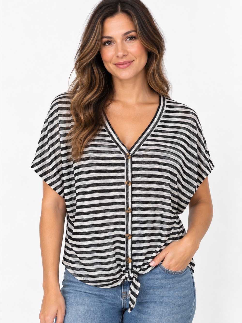 ana Striped Button-Front Tie-Hem V-Neck Top - Black & White